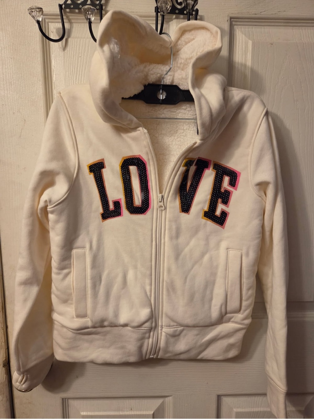 Old Navy Cream Girls' Hooded Zip-Up Sweatshirt with 'LOVE' Appliqué